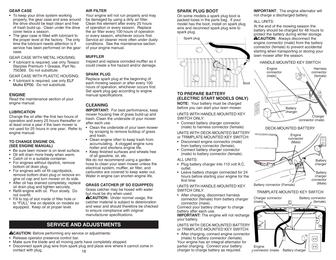 Poulan 961420034 manual Service and Adjustments, Spark Plug Boot, Cleaning, To Prepare Battery Electric Start Models only 