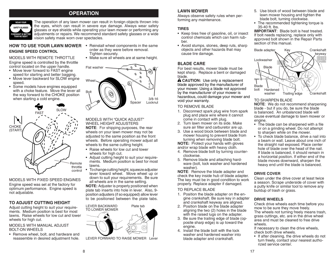 Poulan 961420034 manual Operation, HOW to USE Your Lawn Mower, Blade Care, To Adjust Cutting Height 