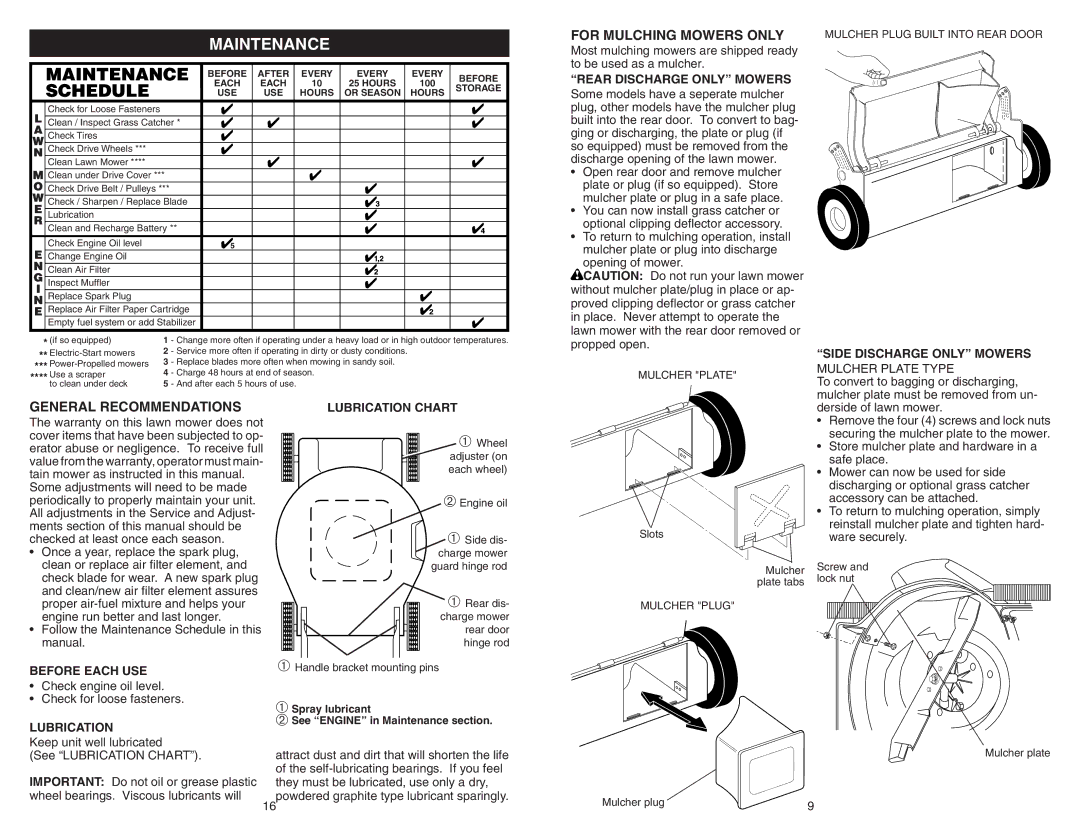 Poulan 961420034 manual Maintenance, General Recommendations, For Mulching Mowers only 