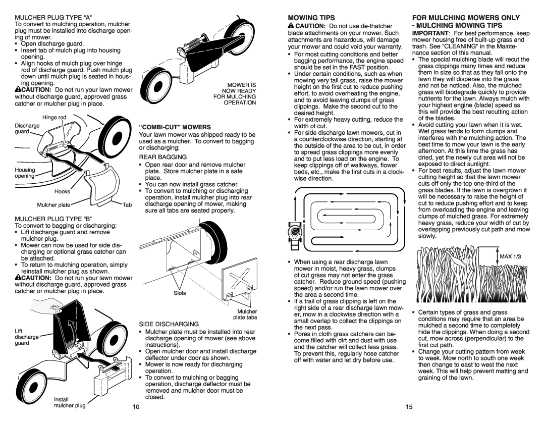 Poulan 961420034 manual For Mulching Mowers Only Mulching Mowing Tips, “Combi-Cut” Mowers 
