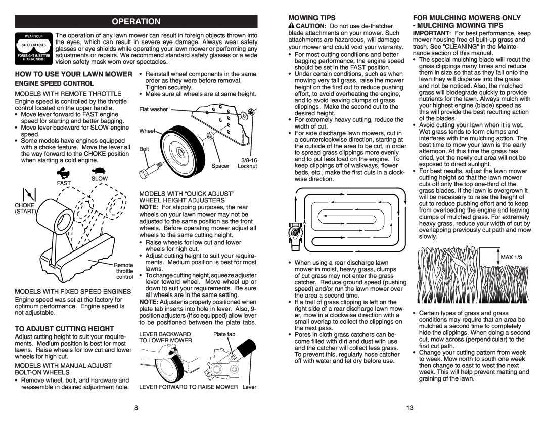Poulan 961420036 manual Operation, For Mulching Mowers Only, Mulching Mowing Tips, How To Use Your Lawn Mower 