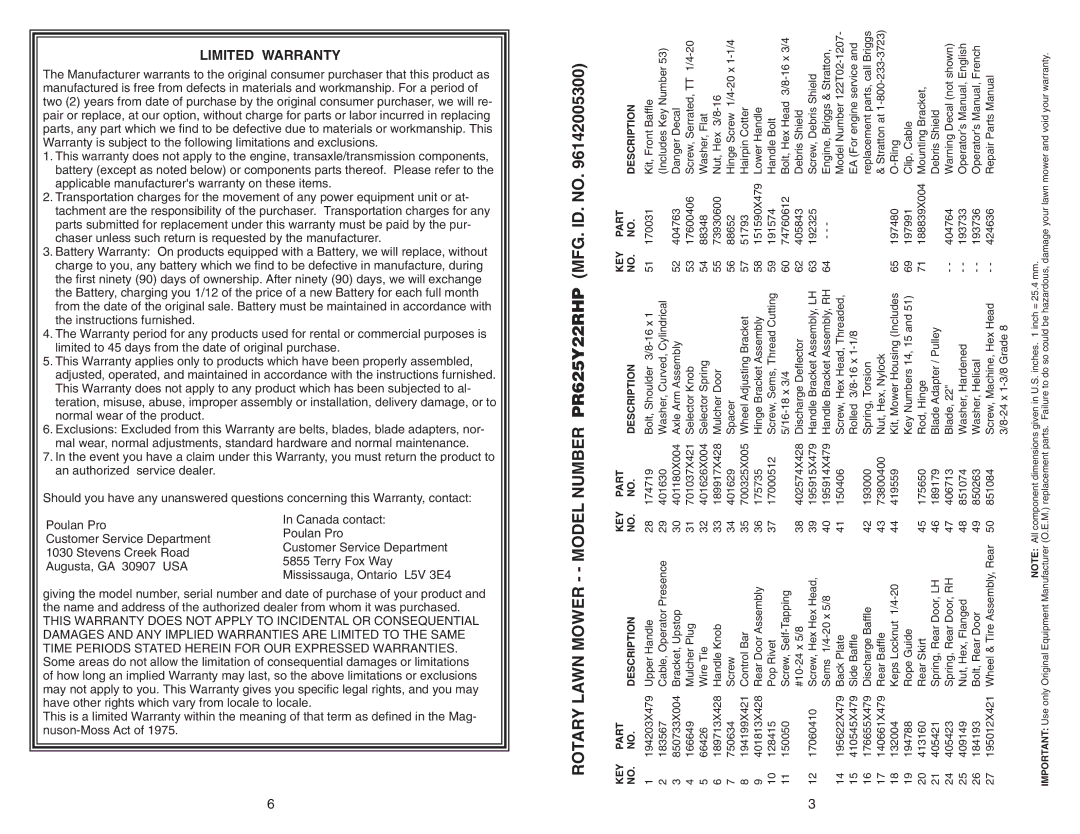 Poulan 96142005300 manual Rotary Lawn Mower - Model Number PR625Y22RHP MFG. ID. no 