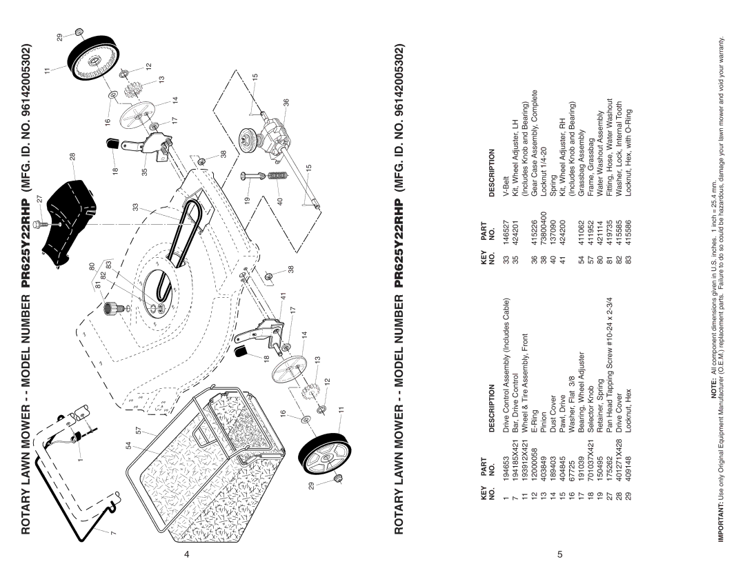 Poulan 96142005302 manual KEY Part Description 