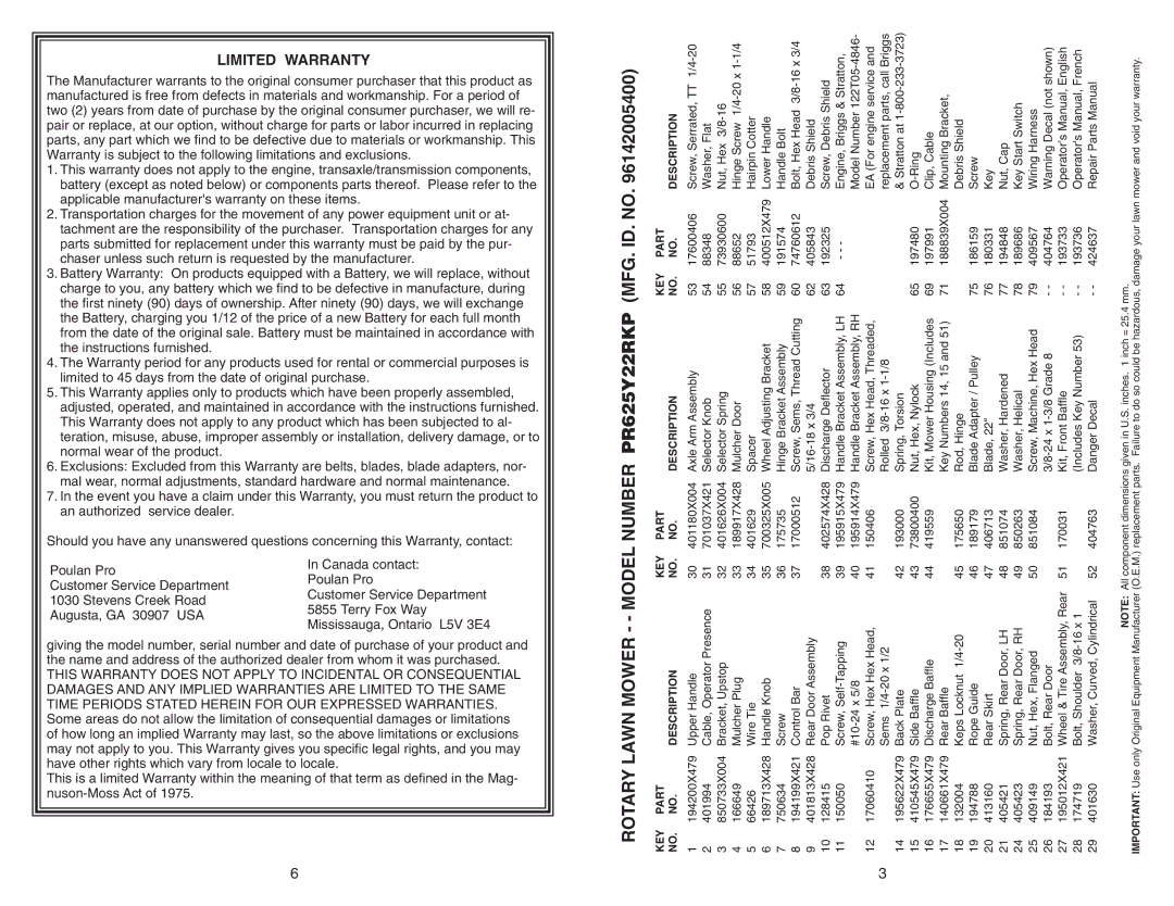 Poulan 96142005400 manual Rotary Lawn Mower - Model Number PR625Y22RKP MFG. ID. no 