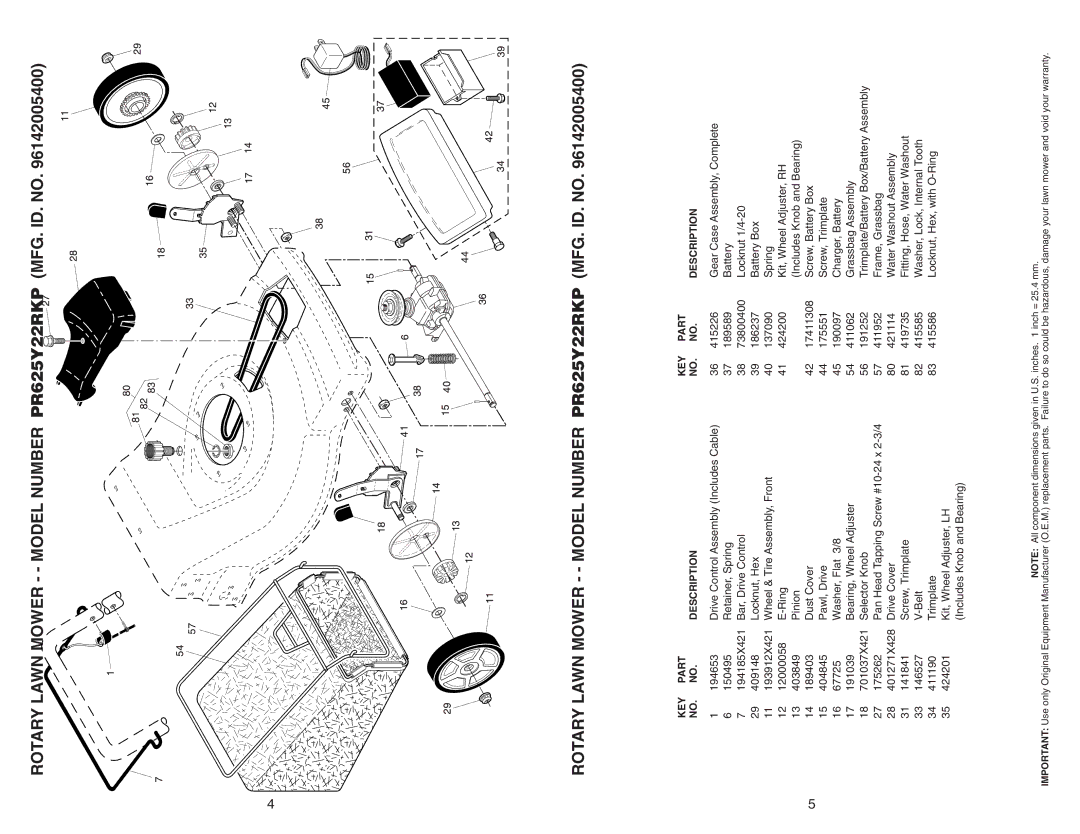 Poulan 96142005400 manual KEY Part Description 