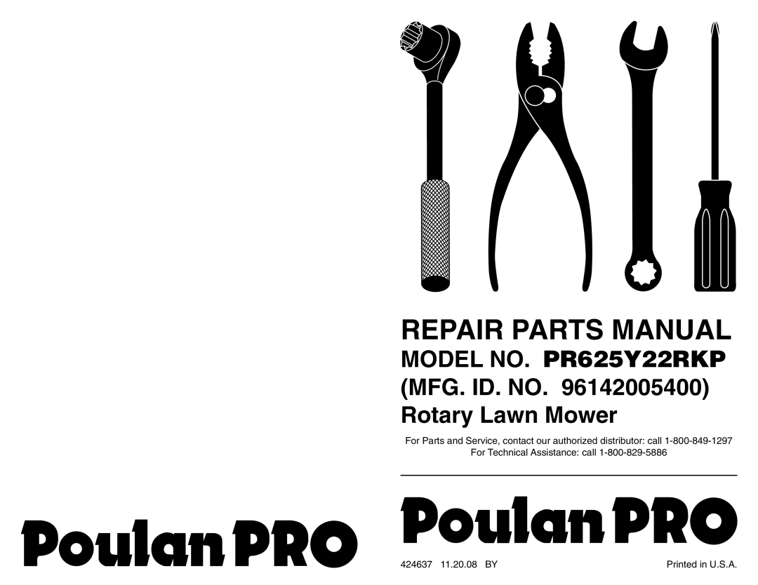 Poulan 96142005400 manual Repair Parts Manual, For Technical Assistance: call, 424637 11.20.08 BY, Printed in U.S.A 