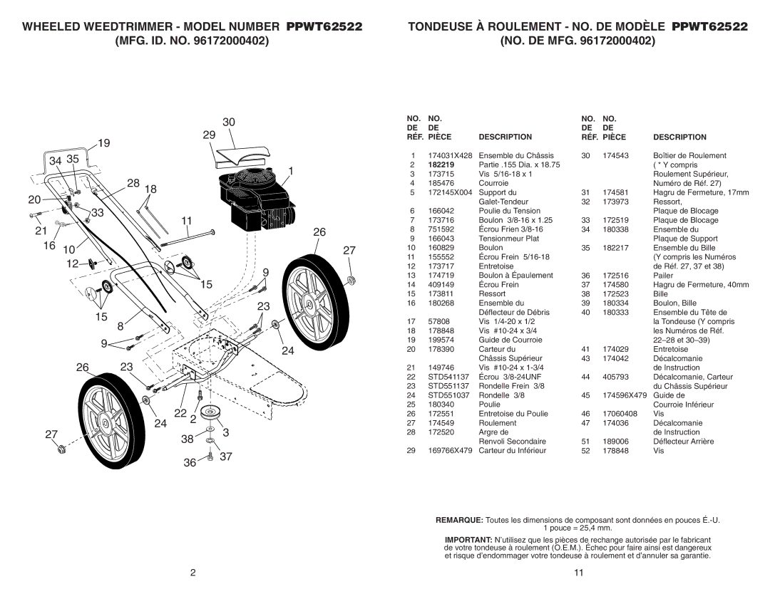 Poulan 96172000402 manual MFG. ID. no NO. DE MFG, RÉF Pièce Description, 182219 