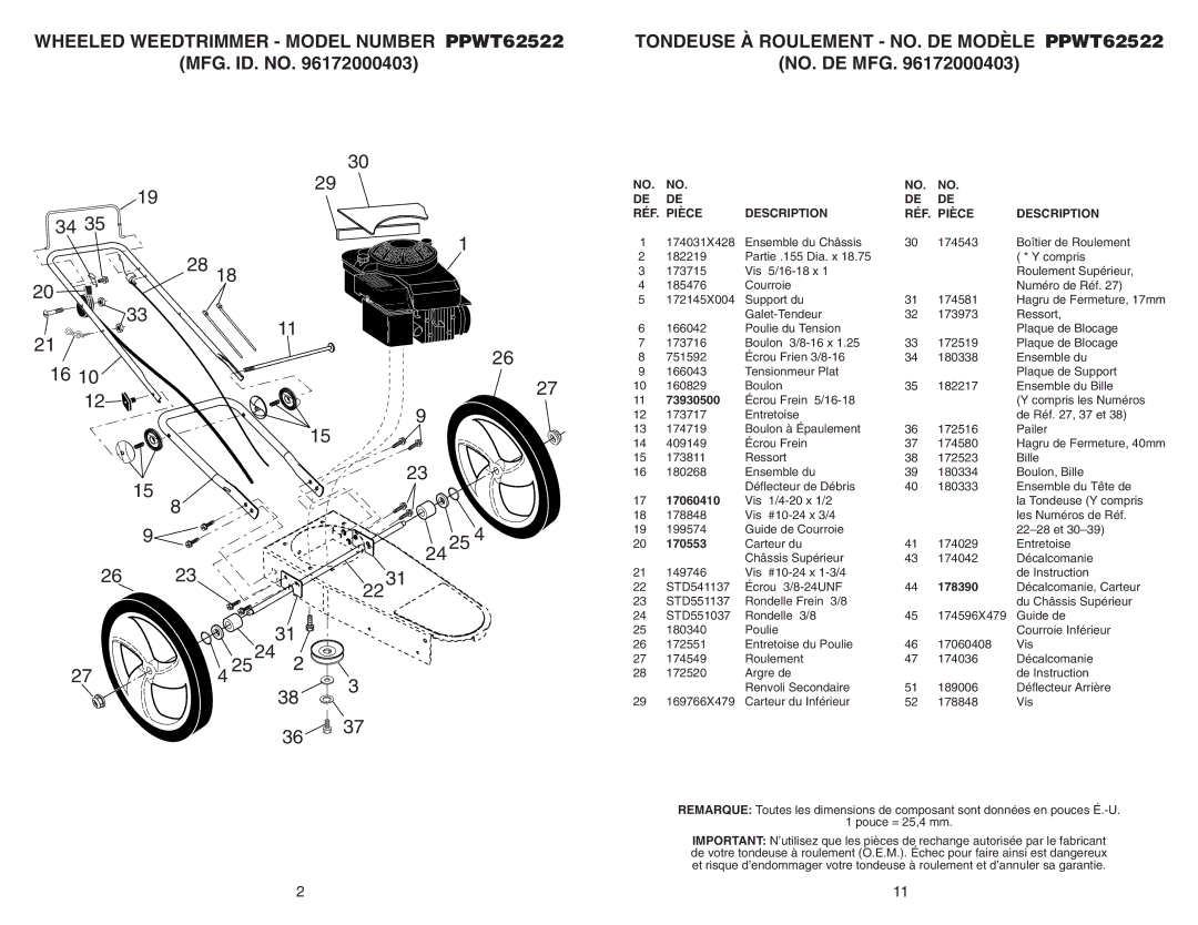 Poulan 96172000403 manual MFG. ID. no NO. DE MFG, RÉF Pièce Description 