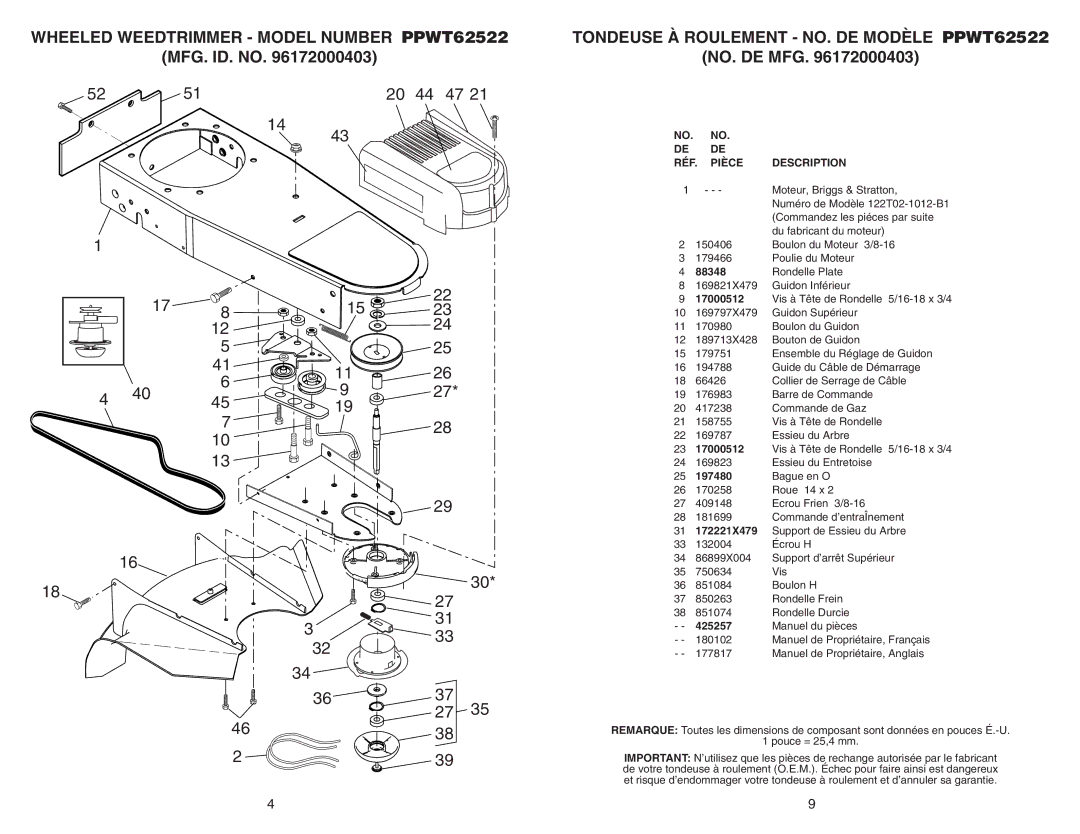 Poulan 96172000403 manual RÉF. Pièce Description, 17000512 