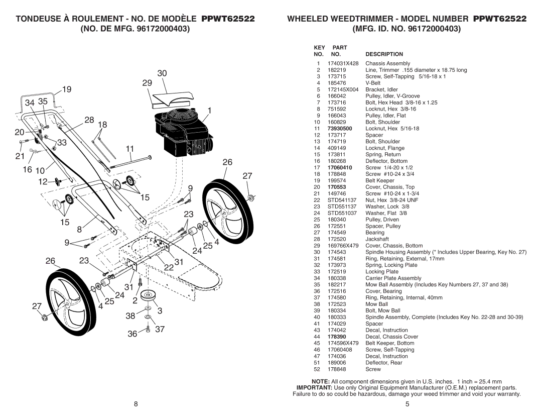 Poulan 96172000403 manual NO. DE MFG MFG. ID. no, 73930500 