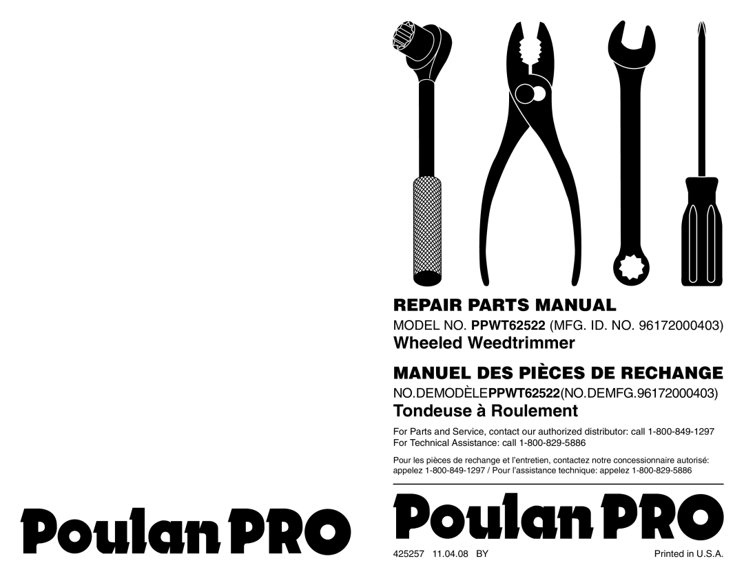 Poulan 96172000403 manual Repair Parts Manual, Wheeled Weedtrimmer, Tondeuse à Roulement, Manuel Des Pièces De Rechange 