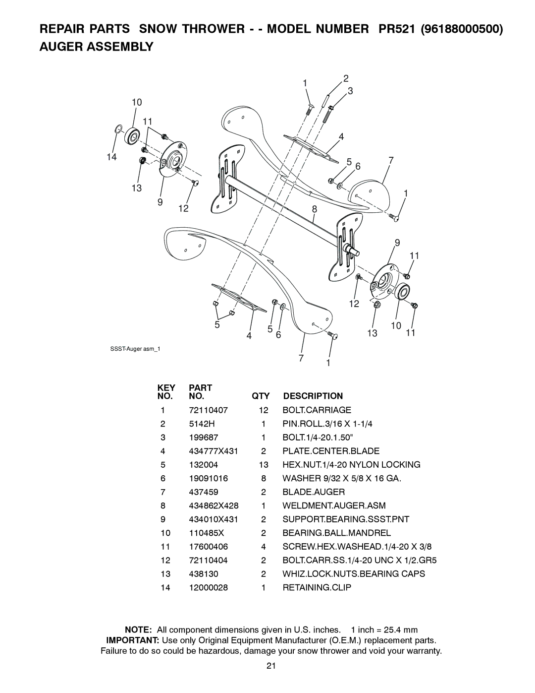 Poulan 96188000500 KEY Part NO. no, QTY Description, Bolt.Carriage, PLATE.CENTER.BLADE 13 HEX.NUT.1/4-20 Nylon Locking 