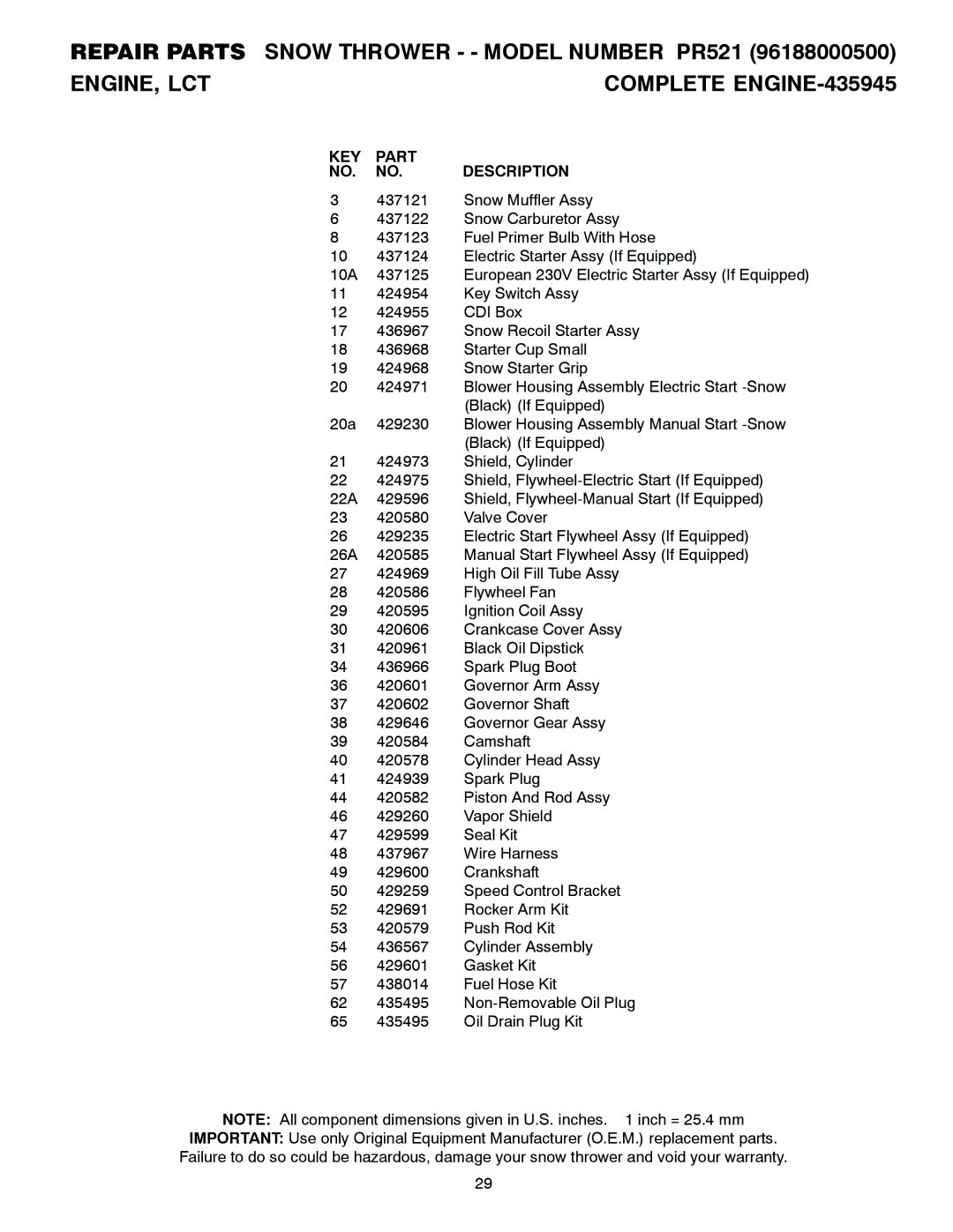 Poulan 96188000500, 439239 owner manual Repair Parts Snow Thrower - Model Number PR521 ENGINE, LCT, KEY Part Description 