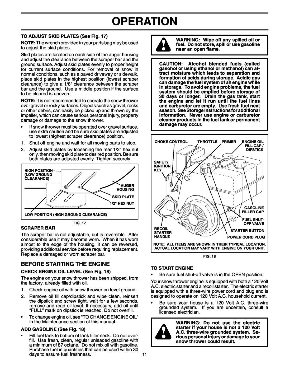 Poulan 401214 Before Starting The Engine, Operation, TO ADJUST SKID PLATES See Fig, Scraper Bar, ADD GASOLINE See Fig 