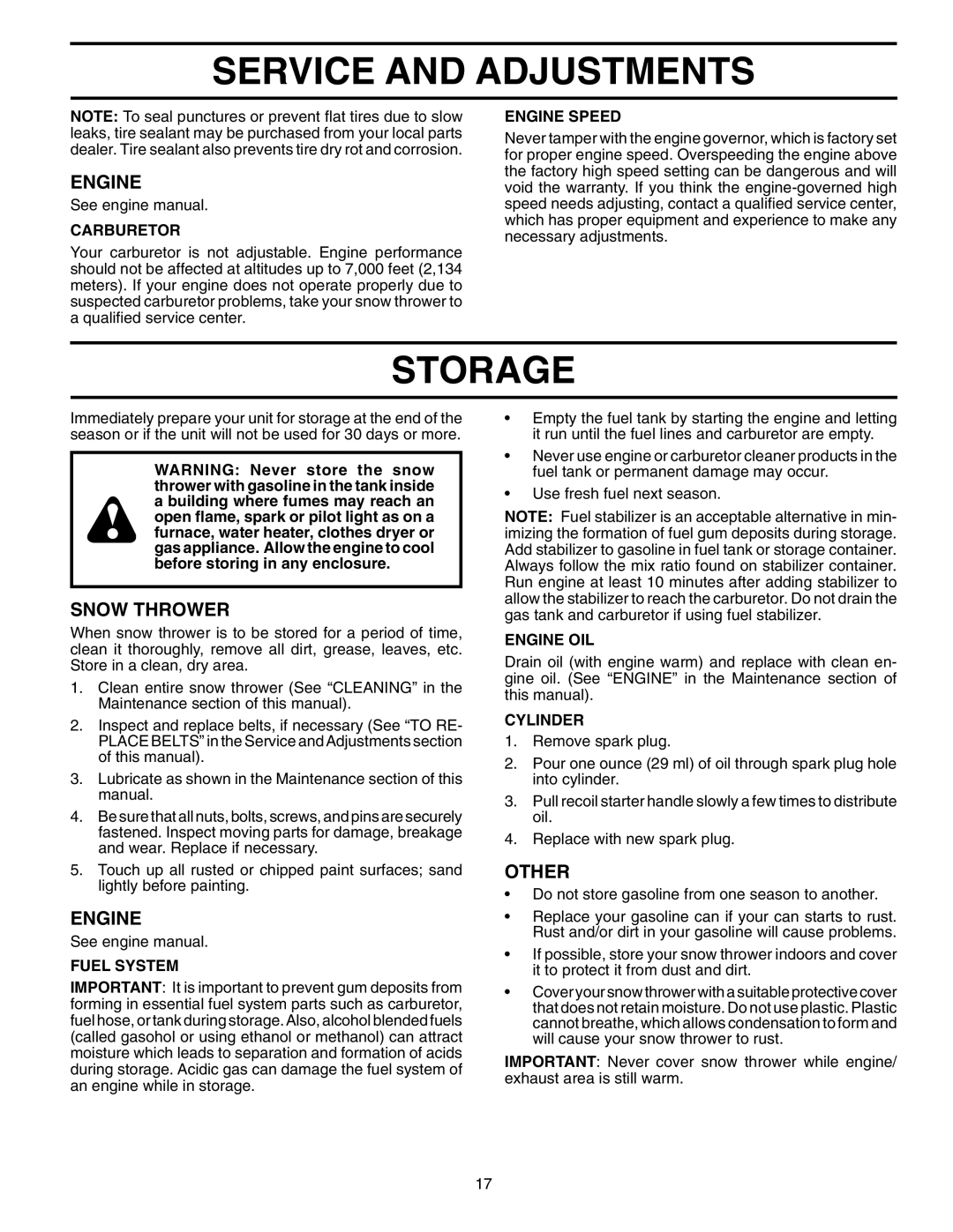 Poulan 401214, 96192000301 owner manual Storage, Other 