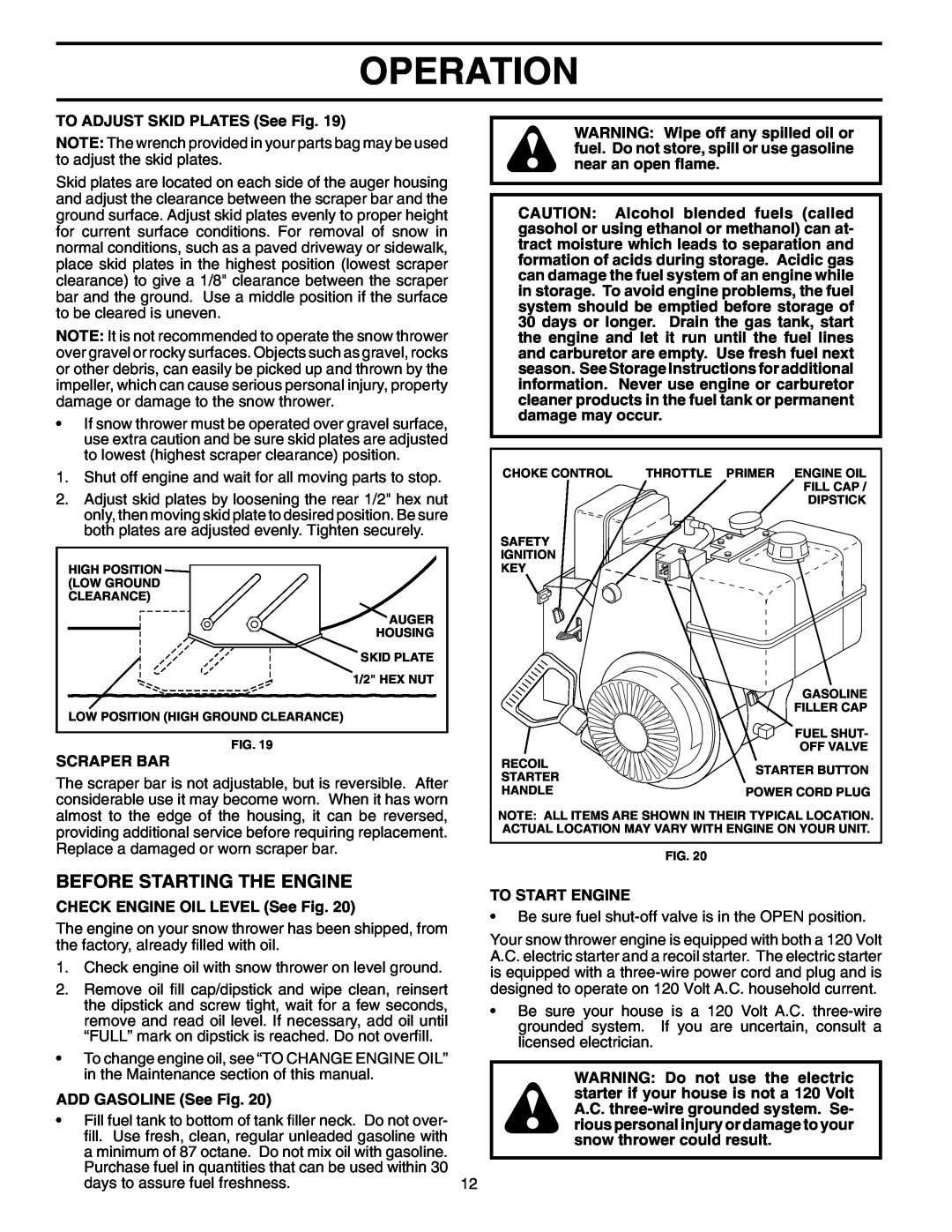 Poulan 96192000400 Before Starting The Engine, Operation, TO ADJUST SKID PLATES See Fig, Scraper Bar, ADD GASOLINE See Fig 