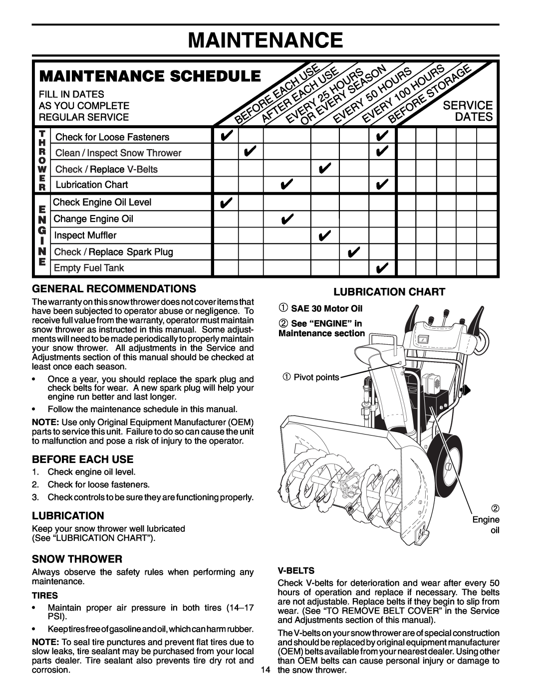 Poulan 96192000400, 199342 Maintenance, General Recommendations, Before Each Use, Lubrication Chart, Snow Thrower 