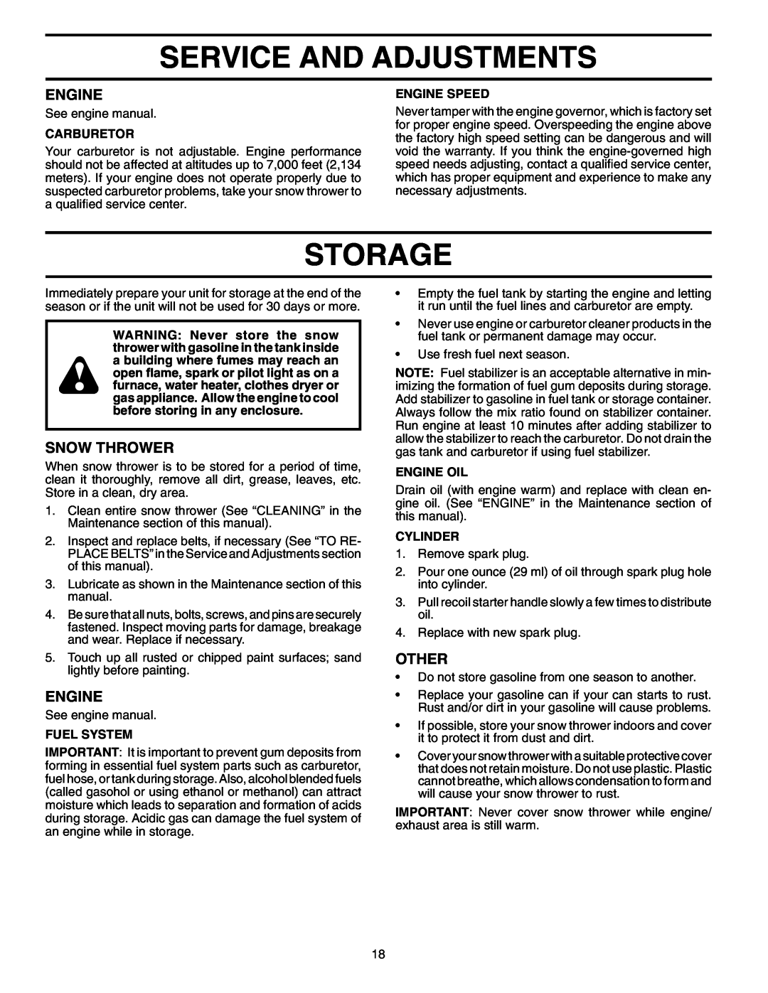 Poulan 96192000400, 199342 owner manual Storage, Other, Service And Adjustments, Engine, Snow Thrower 