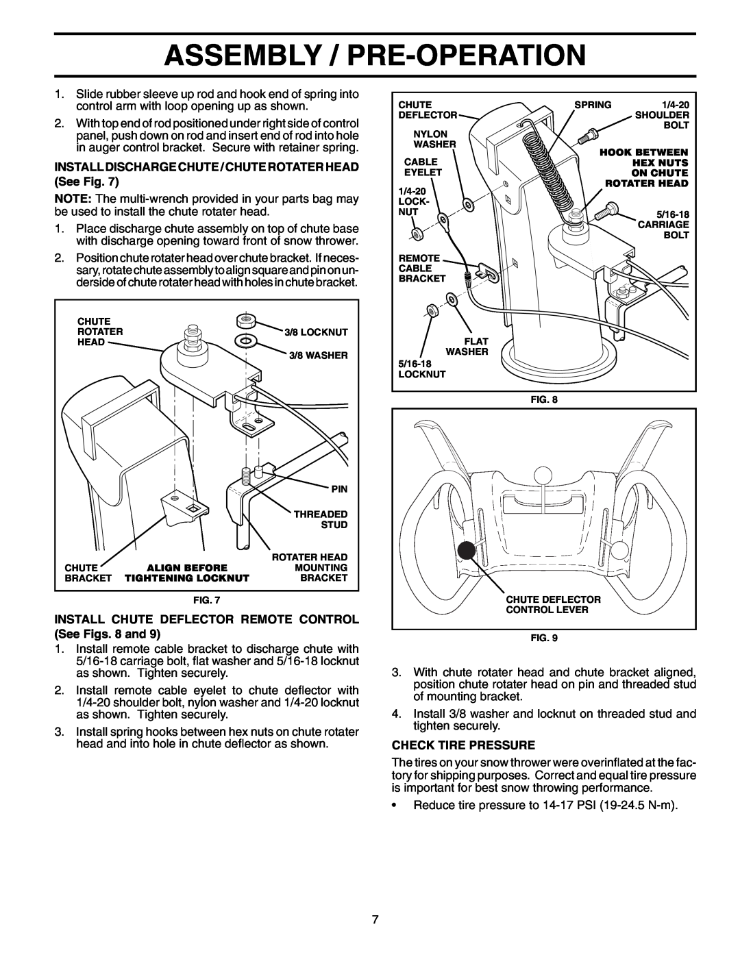 Poulan 199329 Assembly / Pre-Operation, INSTALL DISCHARGE CHUTE / CHUTE ROTATER HEAD See Fig, Check Tire Pressure 