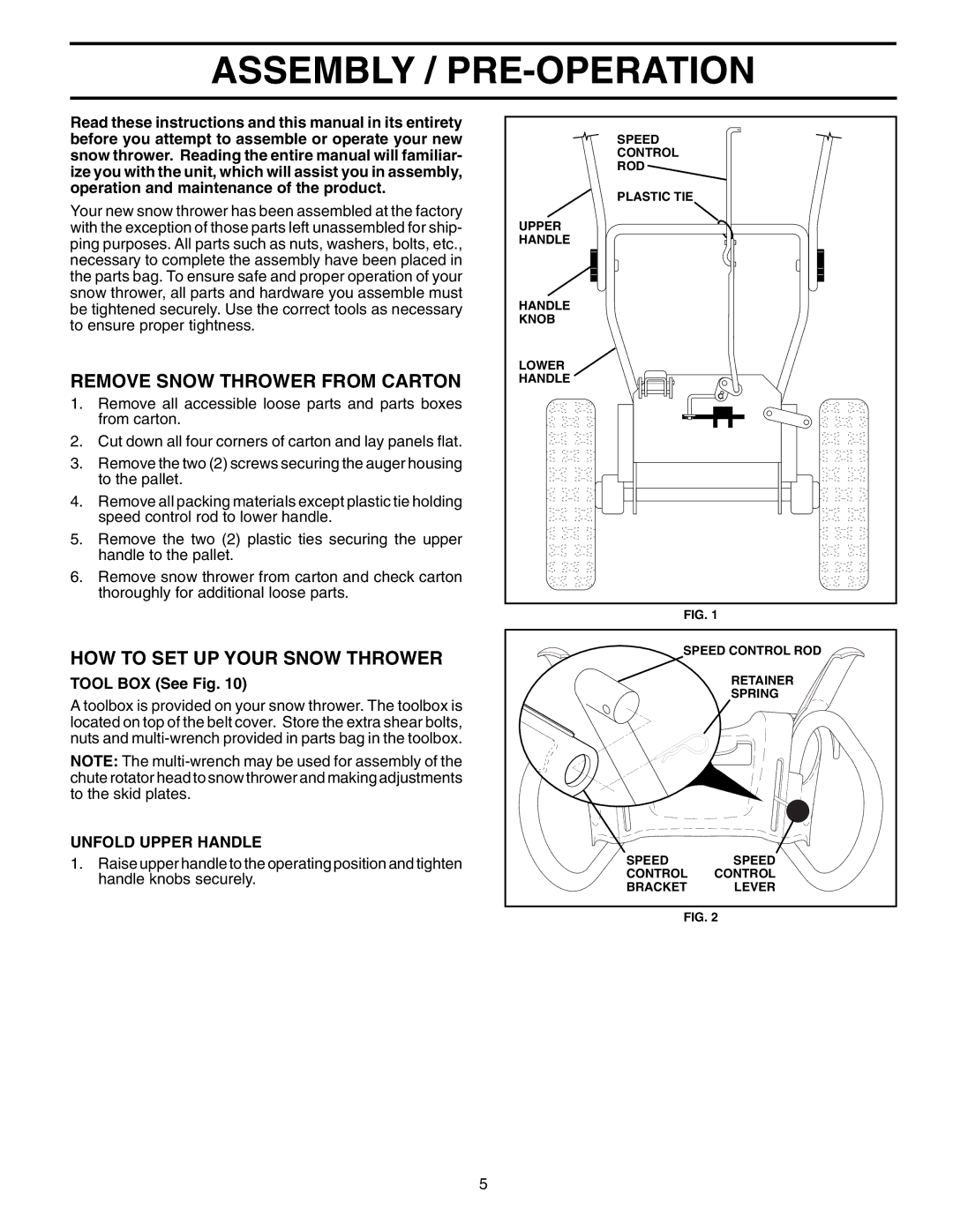 Poulan 199329 Assembly / PRE-OPERATION, Remove Snow Thrower from Carton, HOW to SET UP Your Snow Thrower, Tool BOX See Fig 