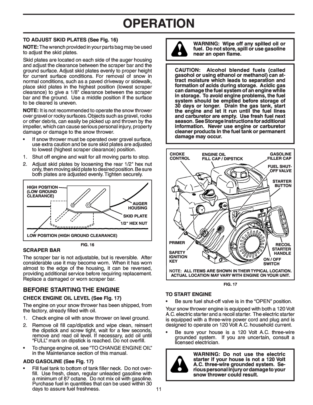 Poulan 403919 Before Starting The Engine, Operation, TO ADJUST SKID PLATES See Fig, Scraper Bar, ADD GASOLINE See Fig 