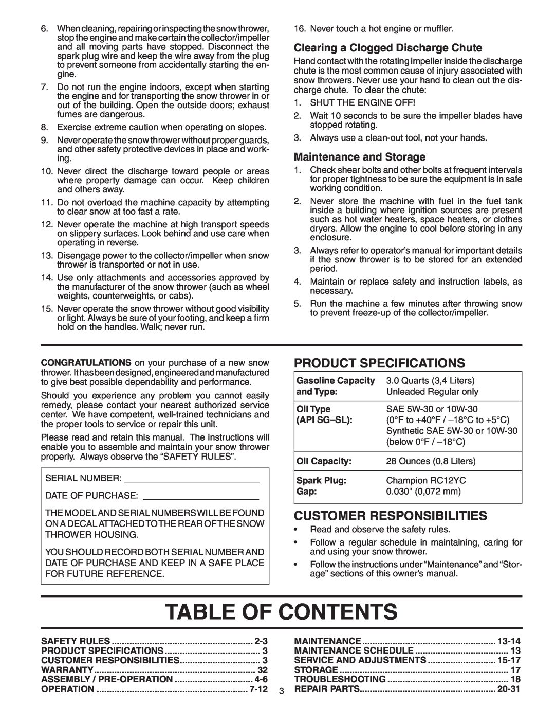 Poulan 403919 Table Of Contents, Clearing a Clogged Discharge Chute, Maintenance and Storage, Product Specifications, 7-12 