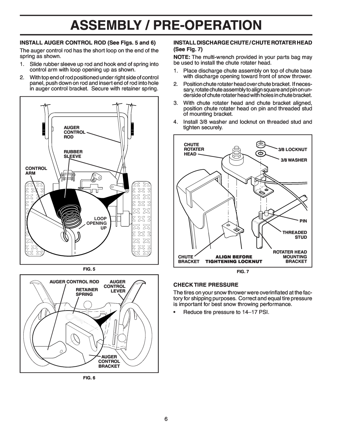 Poulan 96192000900, 403919 Assembly / Pre-Operation, INSTALL AUGER CONTROL ROD See Figs. 5 and, Check Tire Pressure 