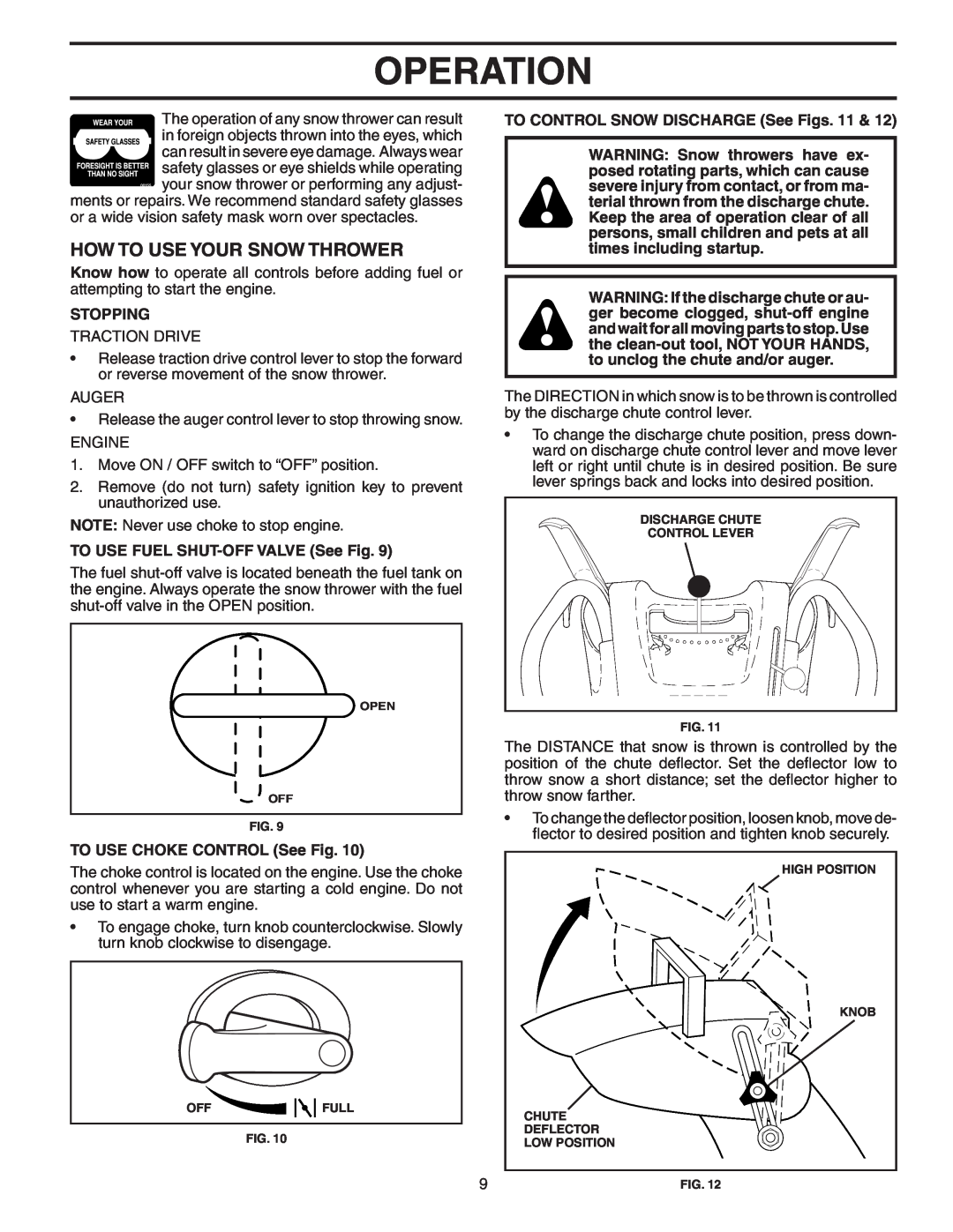Poulan 403919, 96192000900 How To Use Your Snow Thrower, Operation, Stopping, TO USE FUEL SHUT-OFF VALVE See Fig 