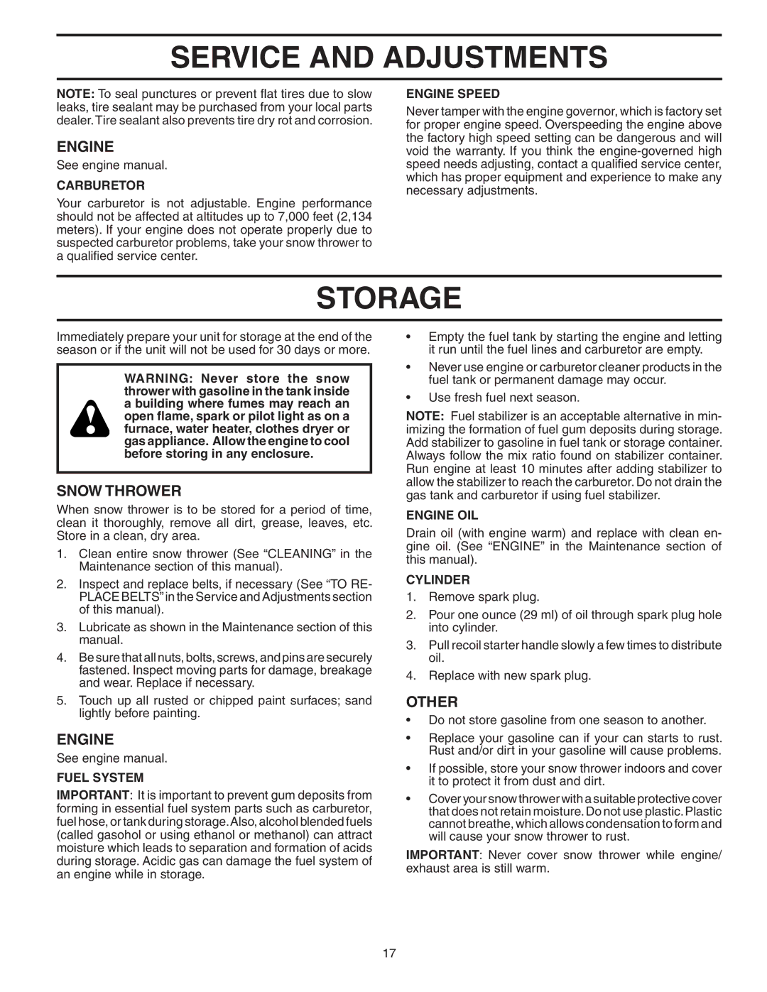 Poulan 403919, 96192000900 owner manual Storage, Other 