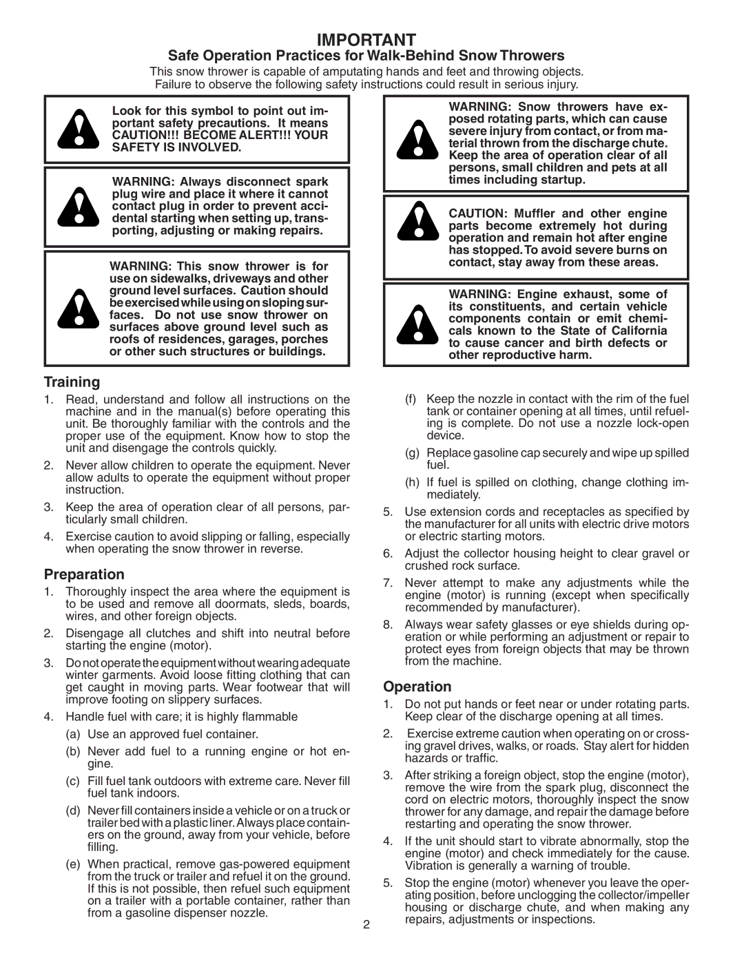 Poulan 96192000900, 403919 owner manual Safe Operation Practices for Walk-Behind Snow Throwers 