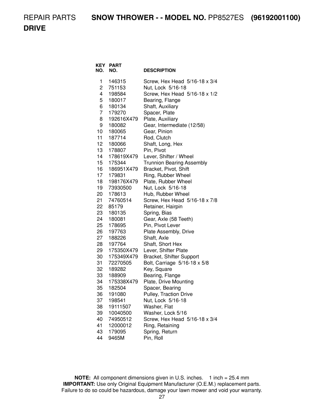Poulan 96192001100 owner manual Repair Parts Snow Thrower - Model NO. PP8527ES Drive 