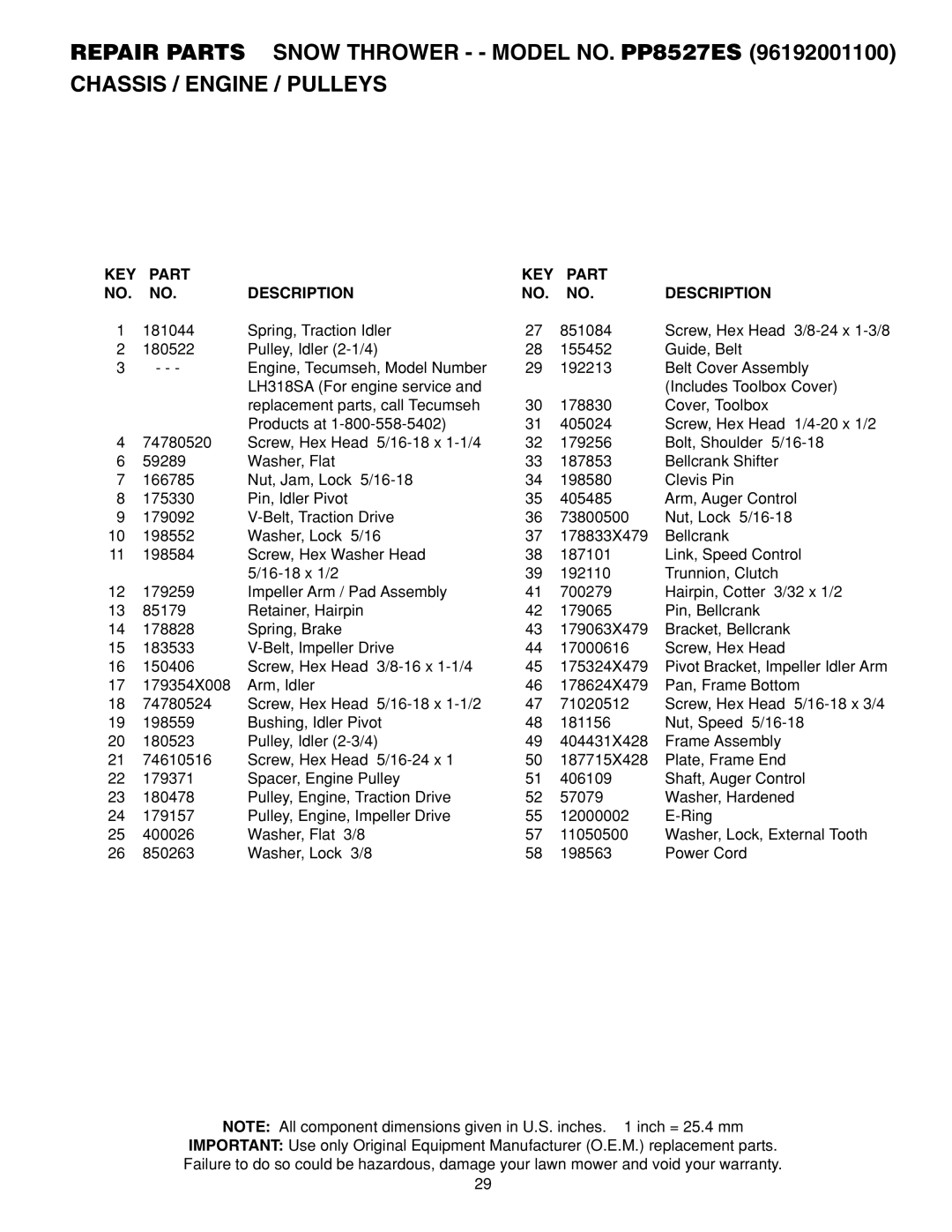 Poulan 96192001100 owner manual KEY Part Description 