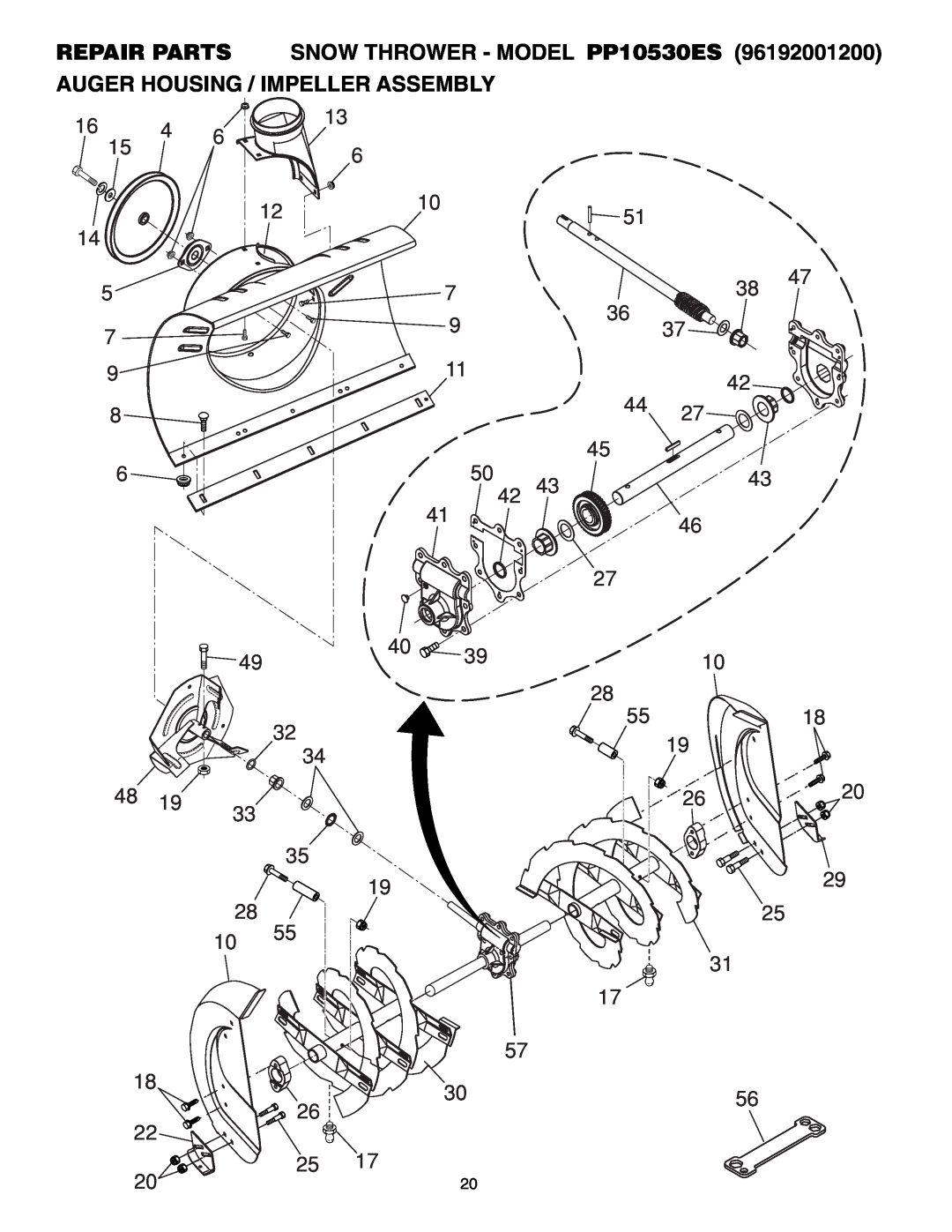 Poulan 96192001200, 407885 owner manual 5518, Auger Housing / Impeller Assembly, REPAIR PARTS SNOW THROWER - MODEL PP10530ES 