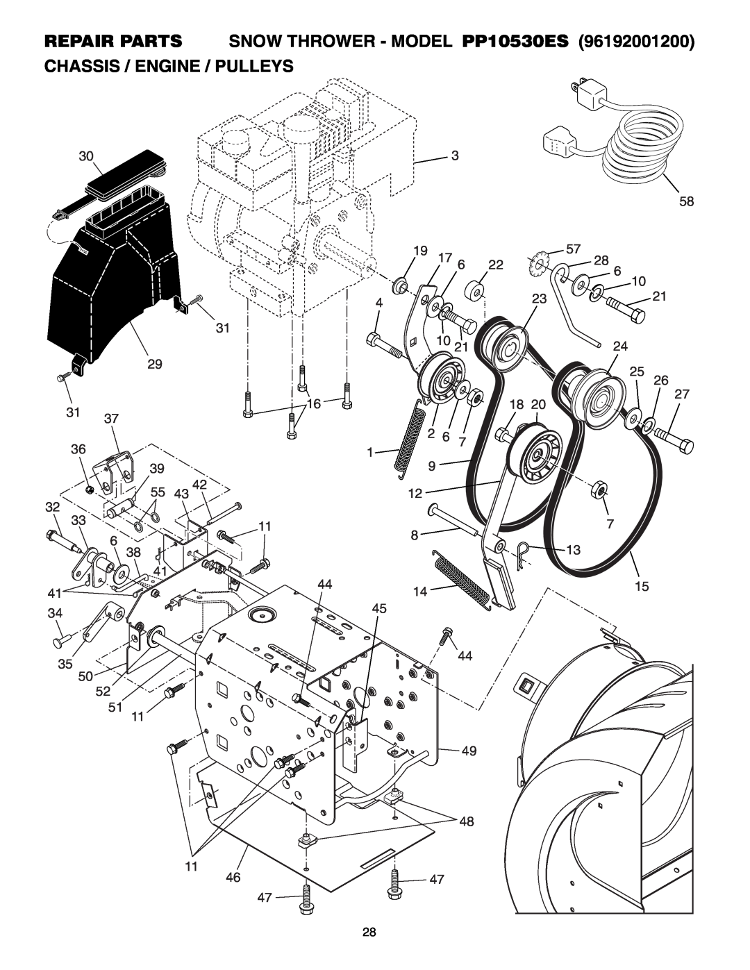 Poulan 96192001200, 407885 owner manual Chassis / Engine / Pulleys, REPAIR PARTS SNOW THROWER - MODEL PP10530ES 