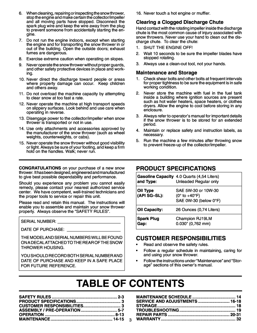 Poulan 407885 Table Of Contents, Product Specifications, Customer Responsibilities, Clearing a Clogged Discharge Chute 