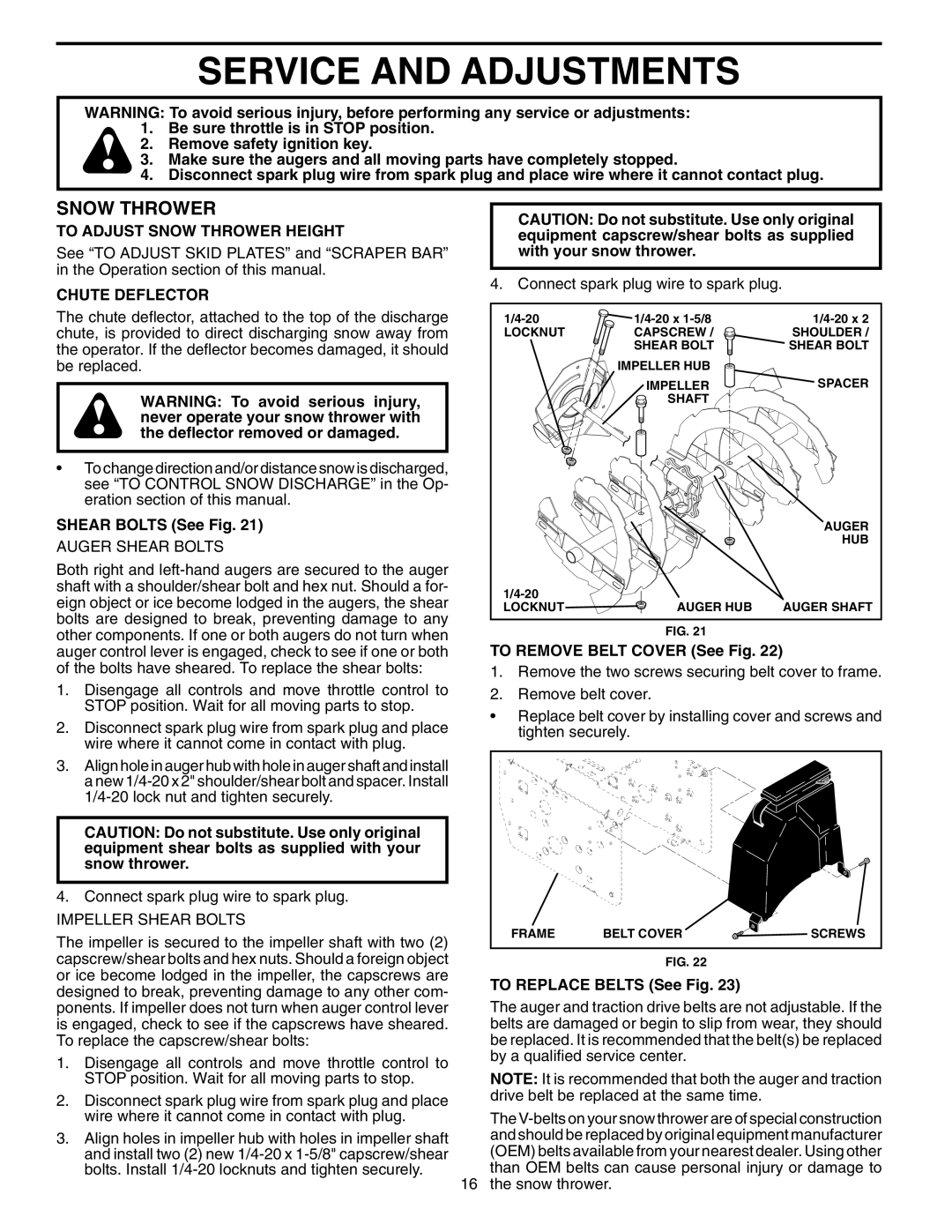 Poulan 96192001200, 407885 owner manual Service and Adjustments, To Adjust Snow Thrower Height, Chute Deflector 