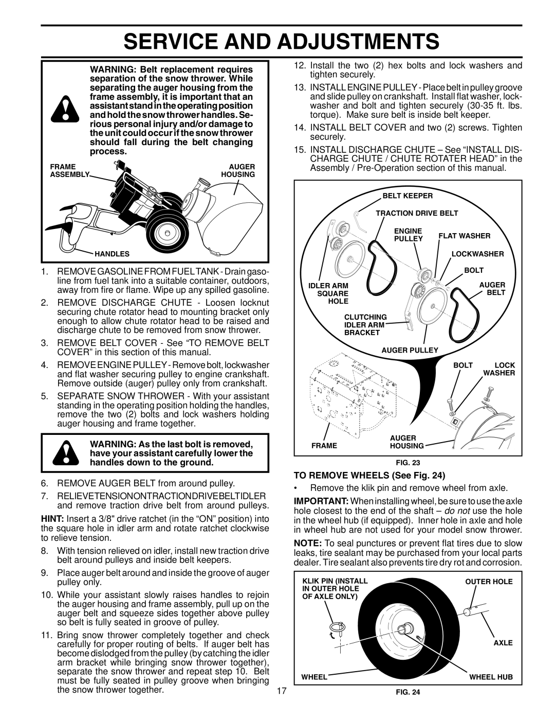 Poulan 407885, 96192001200 owner manual To Remove Wheels See Fig, Remove the klik pin and remove wheel from axle 