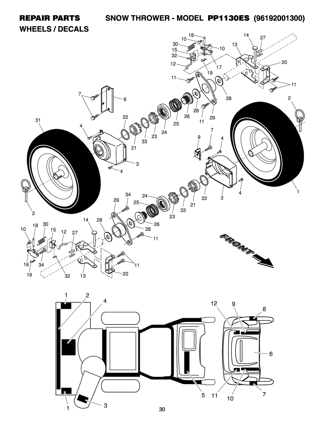 Poulan 96192001300, 406275 owner manual Repair Parts Wheels / Decals, SNOW THROWER - MODEL PP1130ES 