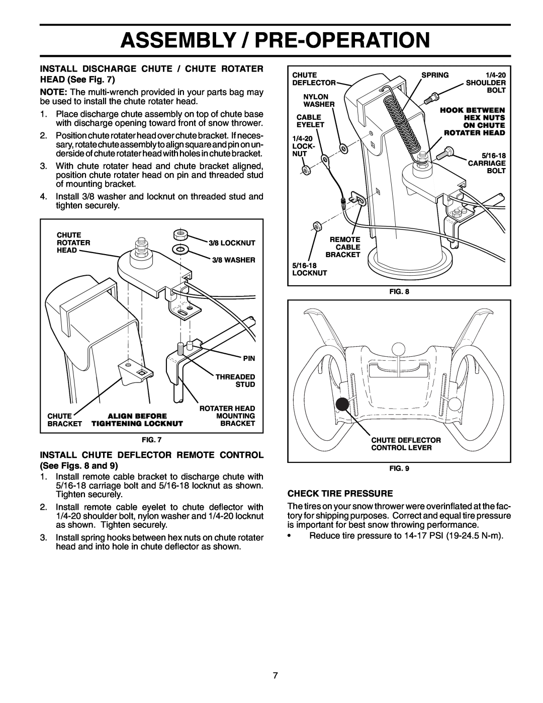 Poulan 406275 Assembly / Pre-Operation, INSTALL DISCHARGE CHUTE / CHUTE ROTATER HEAD See Fig, Check Tire Pressure 