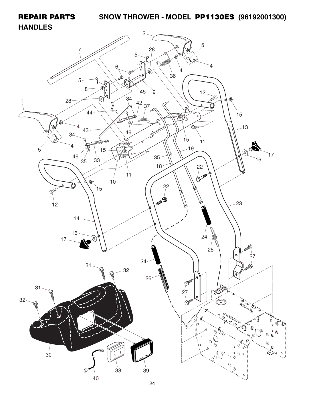 Poulan 96192001300, 406275 owner manual Repair Parts Snow Thrower Model PP1130ES Handles 