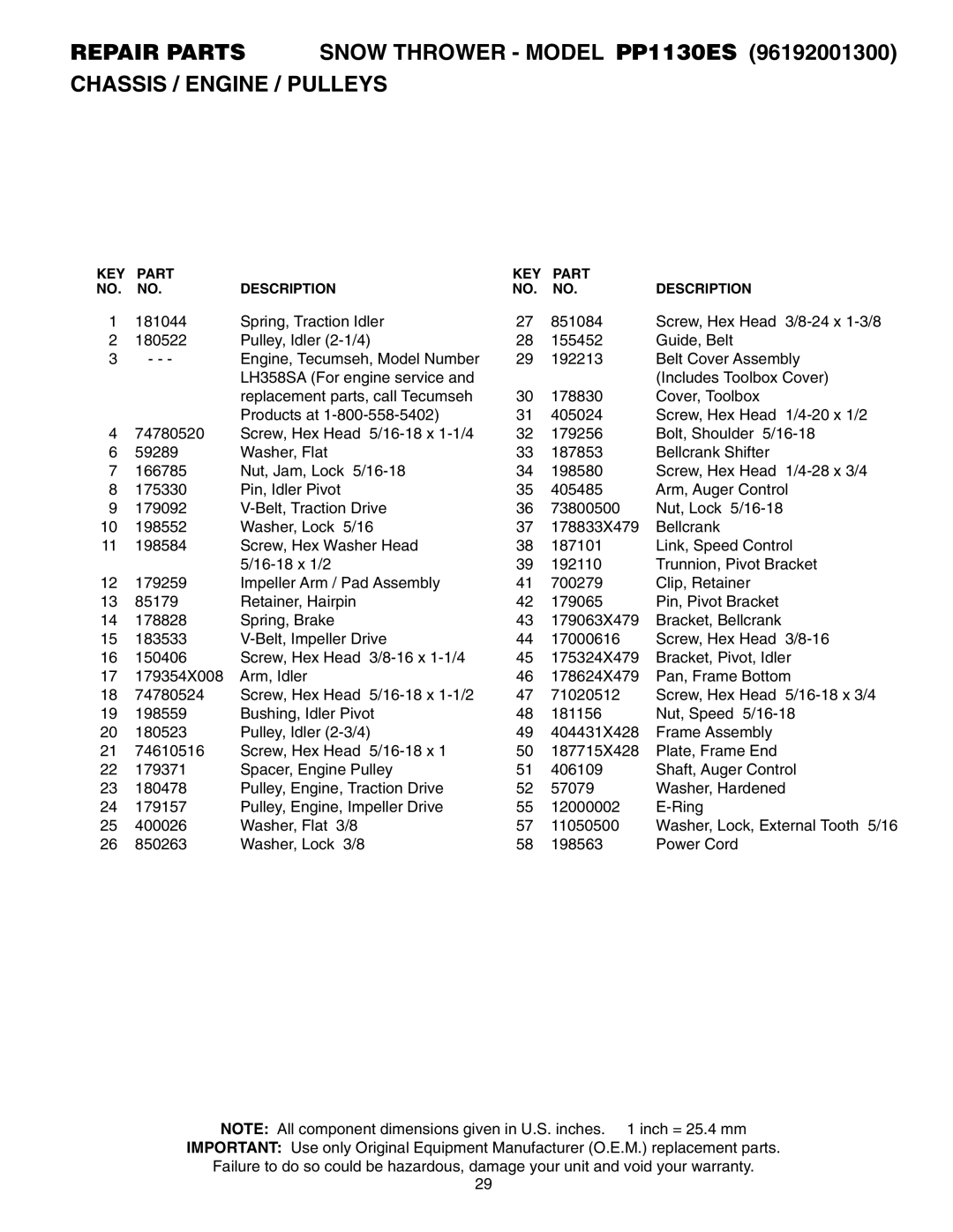 Poulan 406275, 96192001300 owner manual KEY Part Description 