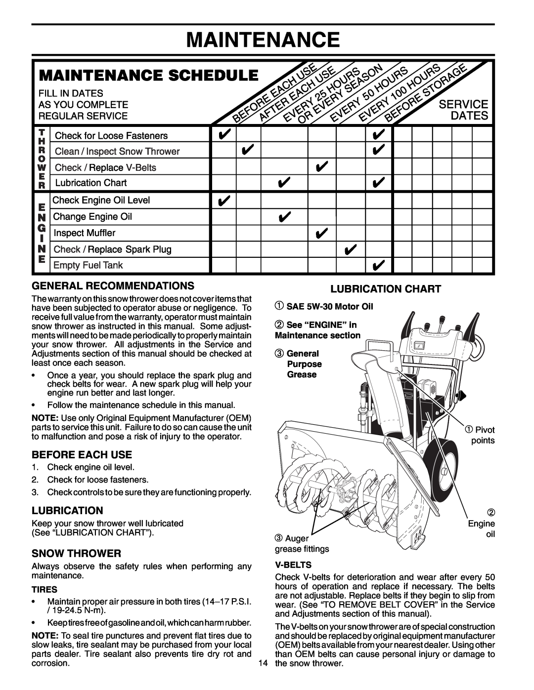 Poulan 96192001400 Maintenance, General Recommendations, Before Each Use, Snow Thrower, Lubrication Chart, Tires 