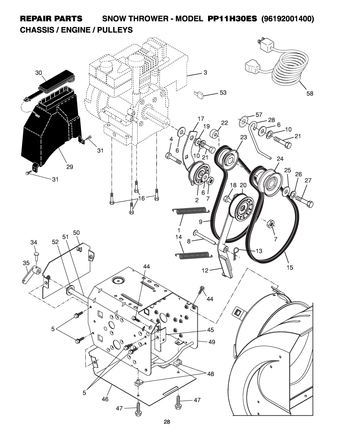 Poulan 96192001400, 406281 owner manual Chassis / Engine / Pulleys, REPAIR PARTS SNOW THROWER - MODEL PP11H30ES 