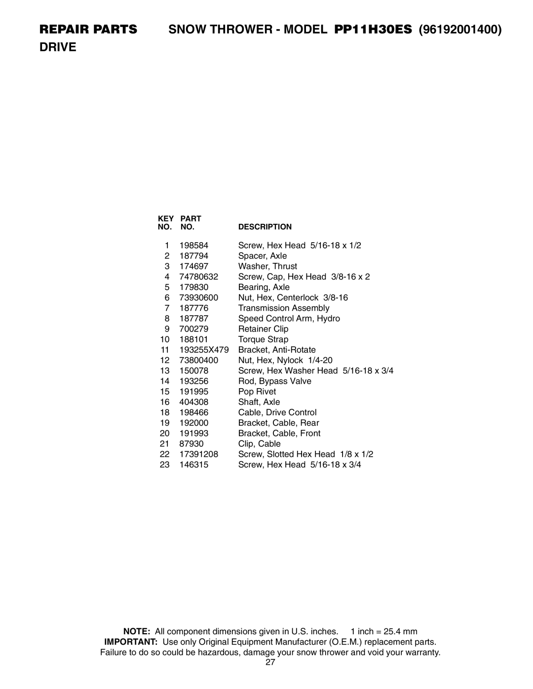 Poulan 406281, 96192001400 owner manual Repair Parts Snow Thrower Model PP11H30ES Drive 