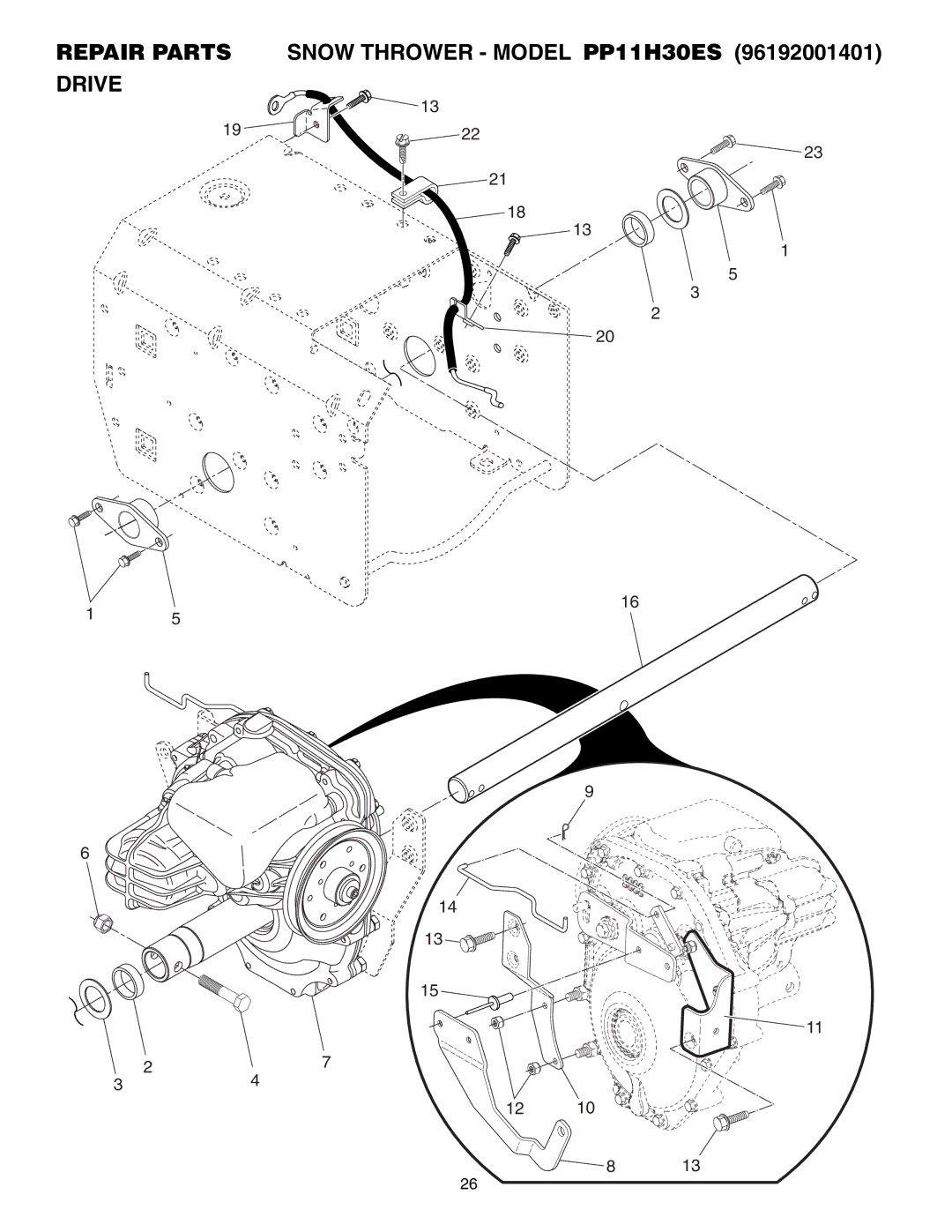 Poulan 96192001401, 408373 owner manual Repair Parts Snow Thrower Model PP11H30ES Drive 