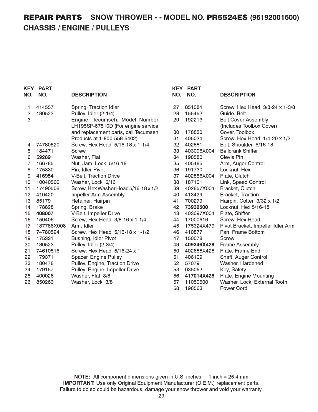 Poulan 96192001600 owner manual KEY Part Description 