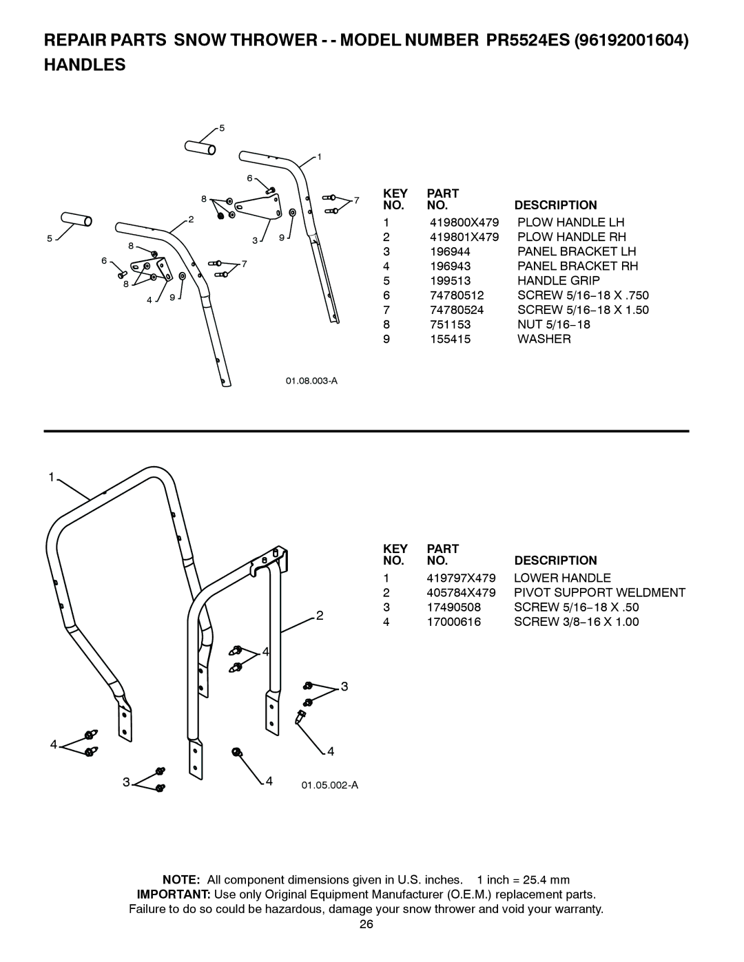 Poulan 96192001604 owner manual Panel Bracket LH Panel Bracket RH, Handle Grip, Lower Handle, Pivot Support Weldment 