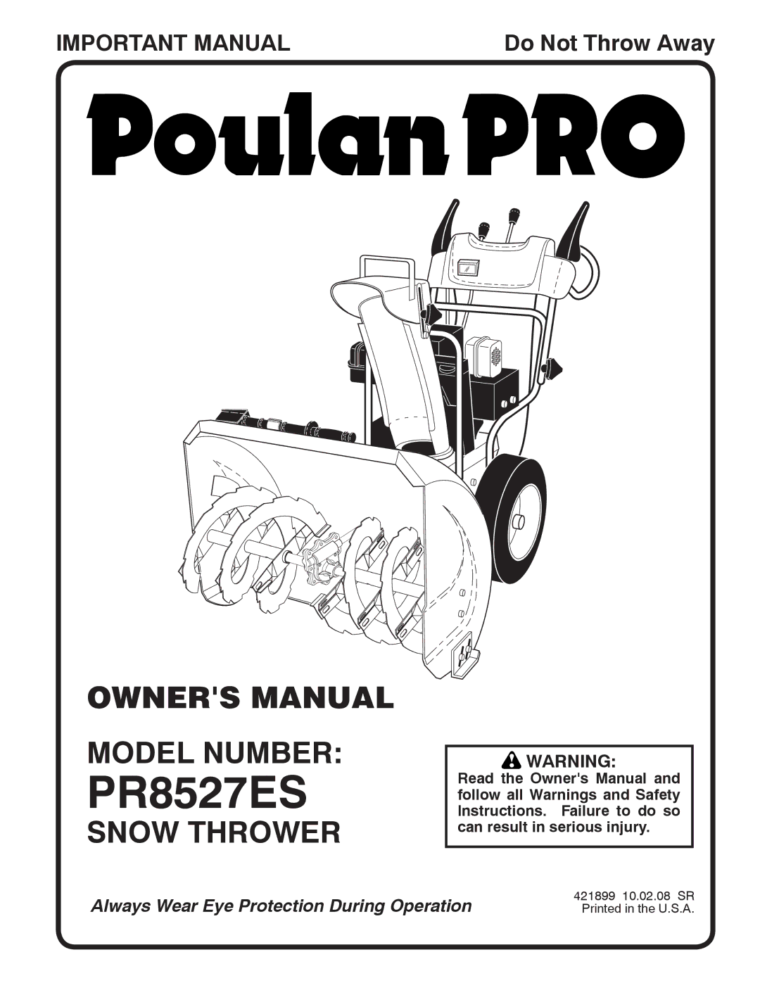 Poulan 421899, 96192001706 owner manual Model Number, Snow Thrower 