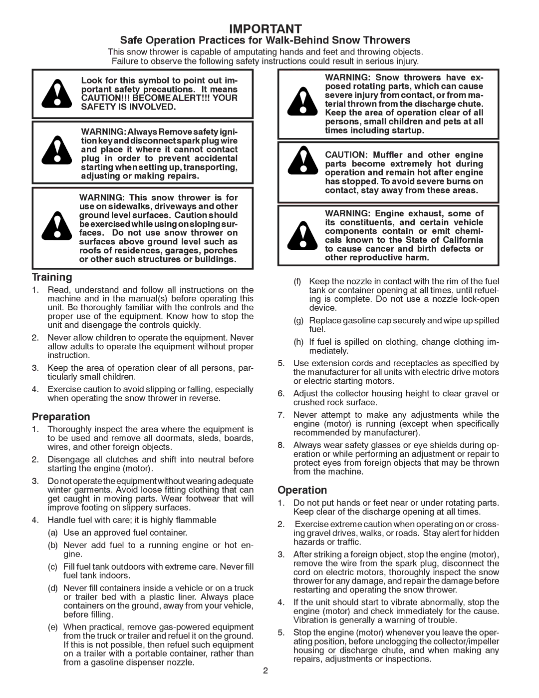 Poulan 96192001706, 421899 owner manual Safe Operation Practices for Walk-Behind Snow Throwers 