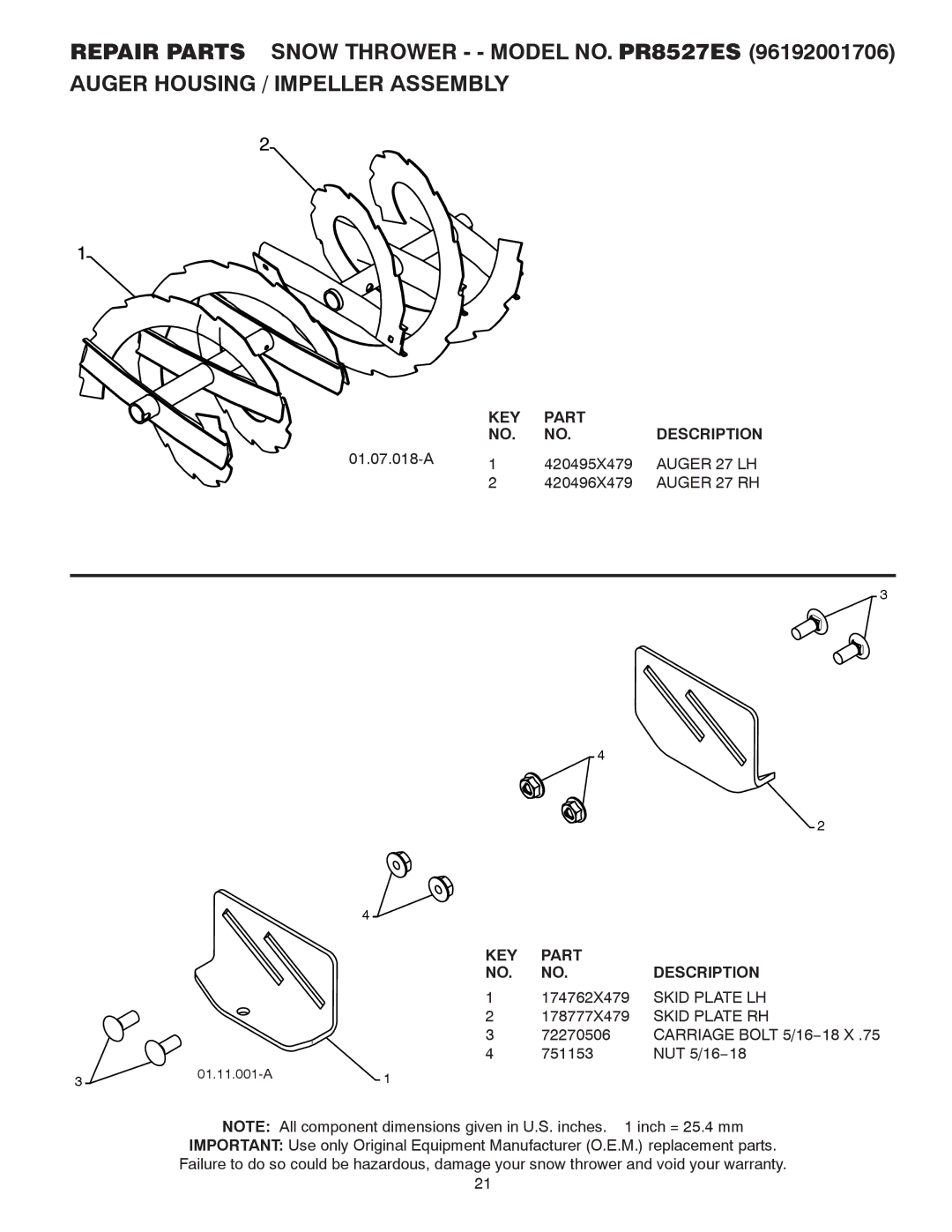 Poulan 421899, 96192001706 owner manual Auger 27 LH, Auger 27 RH, Skid Plate LH, Skid Plate RH 